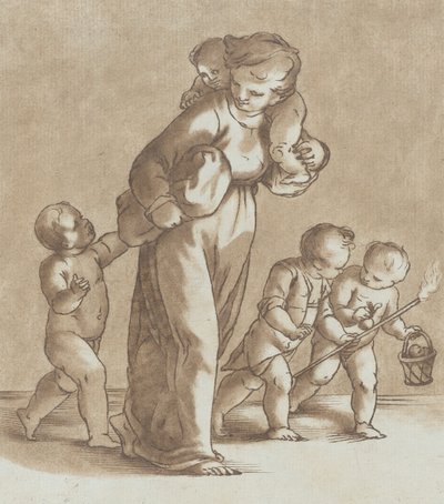 Een jong meisje loopt naar links met een baby op haar schouder en houdt een andere vast door Stefano Mulinari