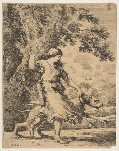 Een nimf houdt een grote hond bij zijn halsband, ca. 1654 door Stefano della Bella