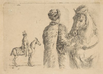 Een Poolse stalknecht, van achteren, een paard aan de teugel houdend, ca. 1662 door Stefano della Bella
