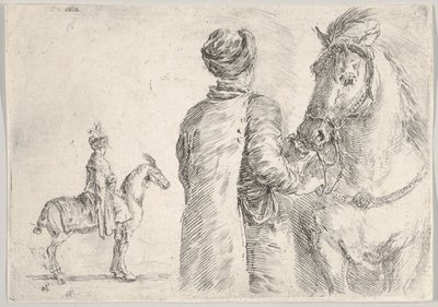 Een Poolse knecht, gezien van achteren, die het hoofdstel van een paard naar rechts vasthoudt, een Poolse ruiter..., ca. 1662 door Stefano della Bella