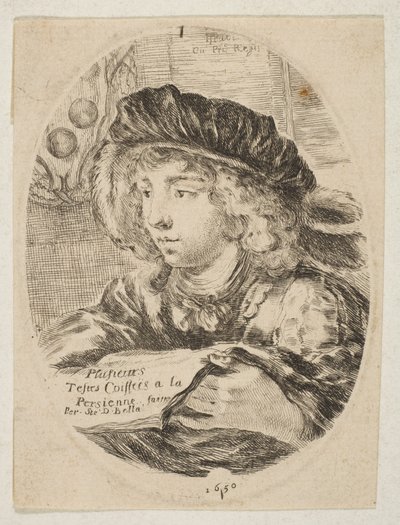 Een buste van een jonge man met een hoed met veren, driekwart naar links gedraaid, 1650 door Stefano della Bella