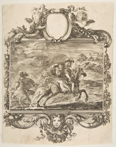 Een ridder en een dame te paard, binnen een sierlijke rand versierd met fruit door Stefano della Bella