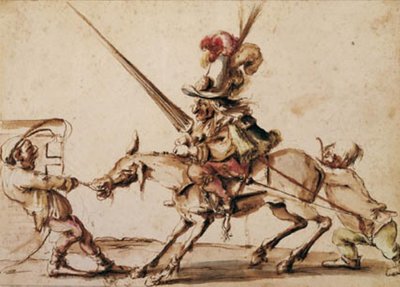 Een dappere dwerg op een onrustige muilezel die naar een toernooi wordt getrokken door twee andere dwergen door Stefano della Bella