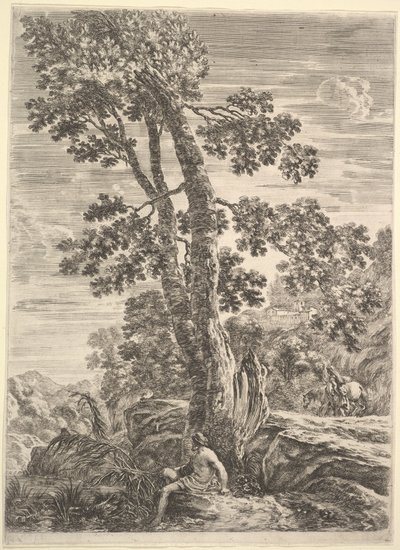 Een visser in het midden naar links gericht en leunend tegen een grote boom, een vrouw wandelend..., ca. 1652-57 door Stefano della Bella