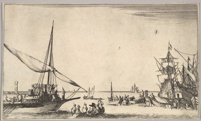 Een galei arriveert in de haven naar links, verschillende roeiboten in het midden, schepen in de haven naar rechts door Stefano della Bella