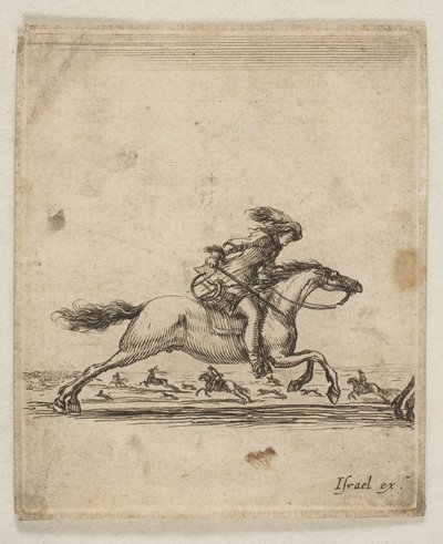 Een ruiter met zwaard in de hand galopperend naar rechts, andere ruiters galopperen..., ca. 1645-46 door Stefano della Bella