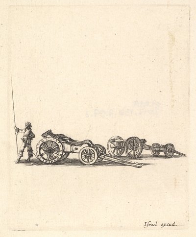Een mortier en een kanon, beide gemonteerd op wagens, een soldaat van achteren gezien, ca. 1638-43 door Stefano della Bella