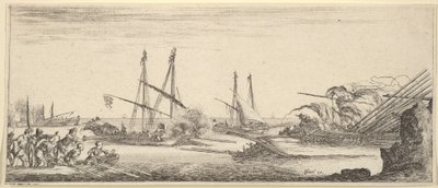 Een zeeslag, een roeiboot vol mannen links, een zinkend schip rechts, twee galeien door Stefano della Bella