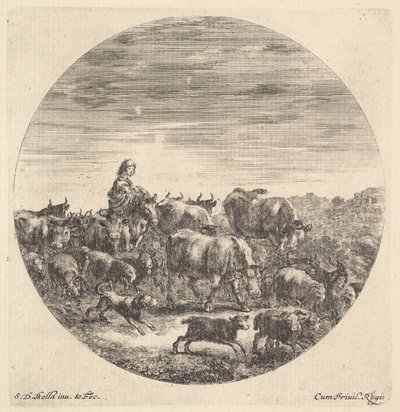 Een boerin zittend op een paard naar links, kijkend naar rechts, omringd door een kudde door Stefano della Bella
