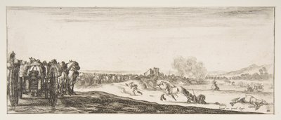 Een processie van door paarden getrokken kanonwagens naar links, ruiters in gevecht en een dode ho..., ca. 1641 door Stefano della Bella