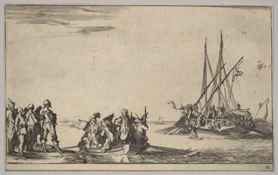 Een roeiboot vol mannen in het midden, een groep mannen staand aan de oever links, een schip vol ..., 1639 door Stefano della Bella