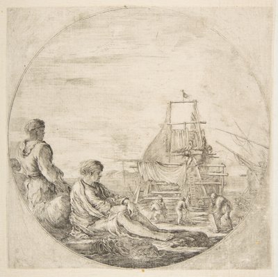 Een zittende witte matroos en een staande zwarte matroos, mensen bouwen een schip op de achtergrond..., ca. 1660 door Stefano della Bella