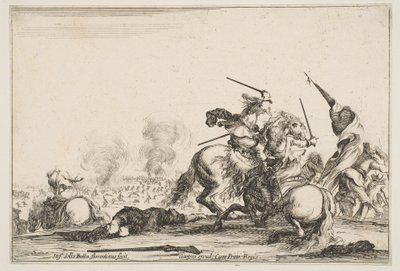 Een schermutseling, twee ruiters vechten met zwaarden rechts, mannen met een vlag rennen..., ca. 1645 door Stefano della Bella