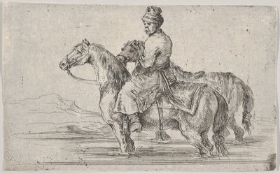 Een knecht die twee paarden naar het bad brengt, zittend op een paard in een rivier, de andere naast... (ca. 1662) door Stefano della Bella