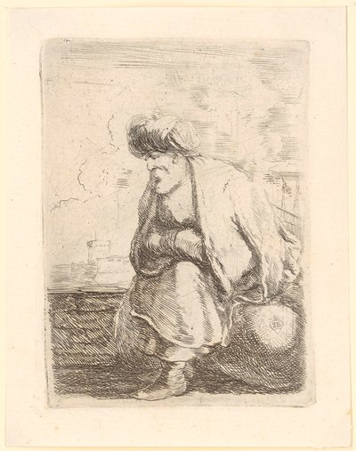 Een oude Turk met een jas en een tulband zit op een steen door Stefano della Bella