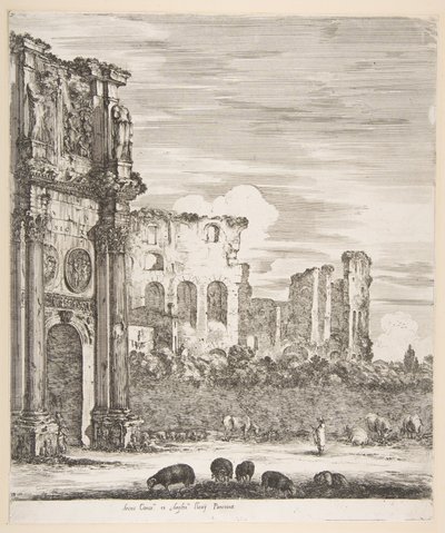 Boog van Constantijn en Colosseum met grazende schapen op de voorgrond, uit Zes grote uitzichten door Stefano della Bella