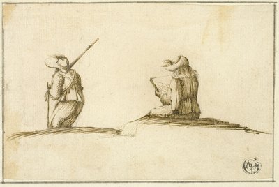 Kunstenaar schetst en soldaat, beide op de rug gezien door Stefano della Bella