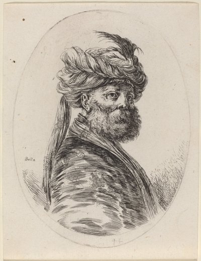 Baardige Moor in een gevederde tulband met een sluier, naar rechts gedraaid door Stefano della Bella