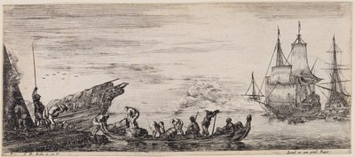 Laden van verschillende schepen: links een laadkade met wachtpost en havenarbeiders die een boot lossen door Stefano della Bella