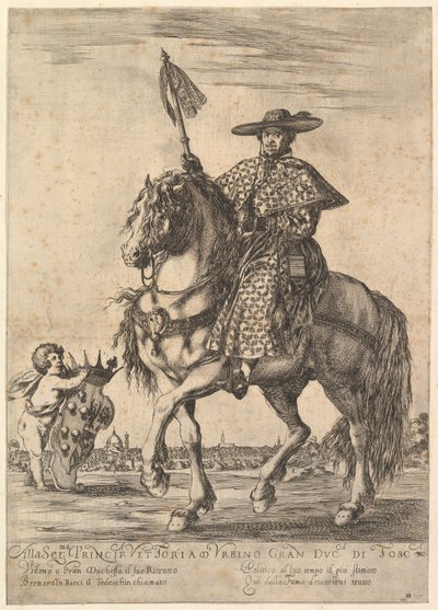 Bernardino Ricci, genaamd il Tedeschino, te paard in het midden, rijdend naar links, 1637 door Stefano della Bella