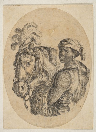 Zwarte slaaf draagt een luipaardvel en houdt het hoofdstel van een paard vast, uit Verschillende hoofden..., 1649-50 door Stefano della Bella