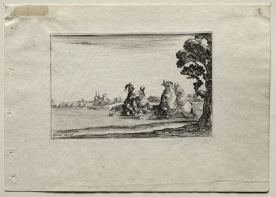 Caprices: Ruiters die hun paarden in een rivier drenken door Stefano della Bella