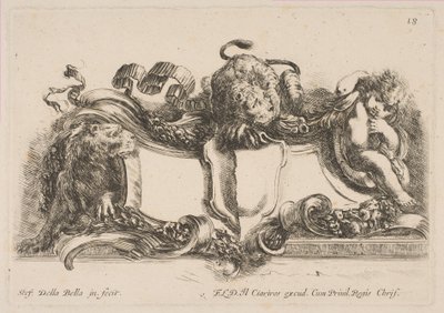 Cartouche met een Leeg Schild Bekroond door een Leeuw en Omgeven door een Leeuw en een Kind, 1646 door Stefano della Bella