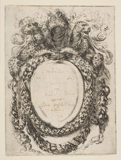Cartouche gekroond door helm en luipaarden, 1647 door Stefano della Bella