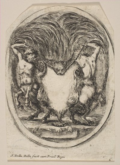 Cartouche gevormd door een tijgervel geflankeerd door twee centauren door Stefano della Bella