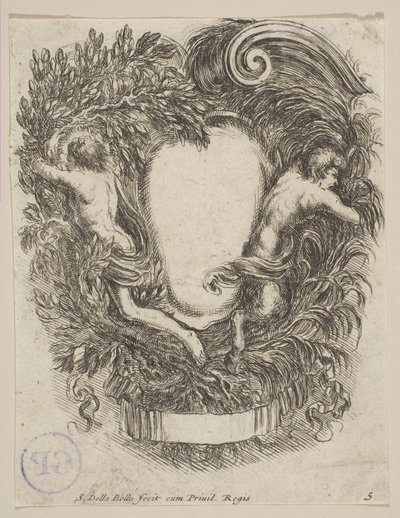Cartouche omlijst door Apollo en Pan, 1647 door Stefano della Bella