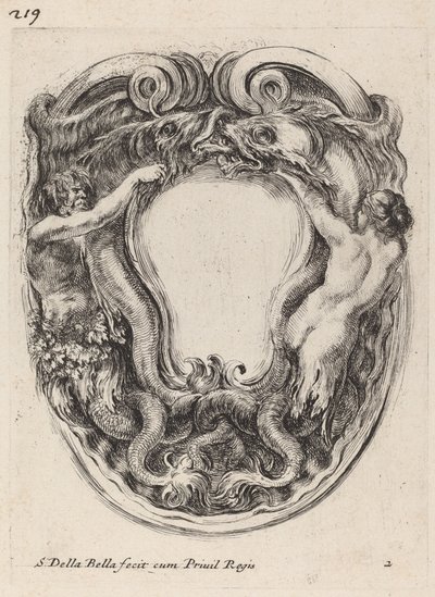 Cartouche ondersteund door Triton en Sirene, 1647 door Stefano della Bella