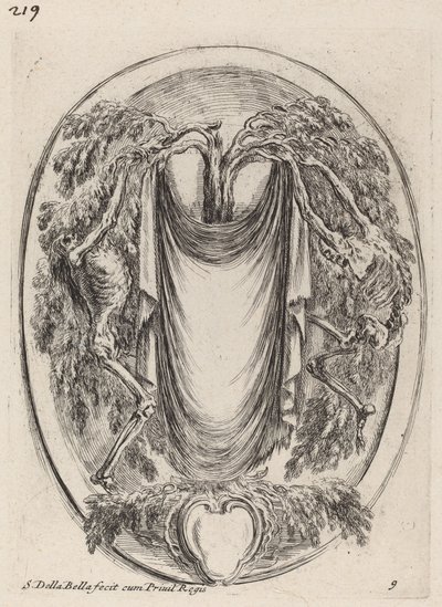 Cartouche in de vorm van een draperie opgehangen aan een cipres geflankeerd door skeletten, 1647 door Stefano della Bella