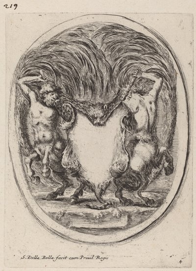 Cartouche in de vorm van een gevilde tijger ondersteund door centauren door Stefano della Bella