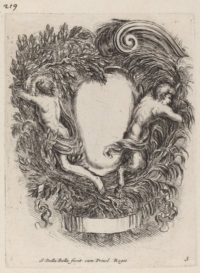 Cartouche met Apollo en Pan door Stefano della Bella