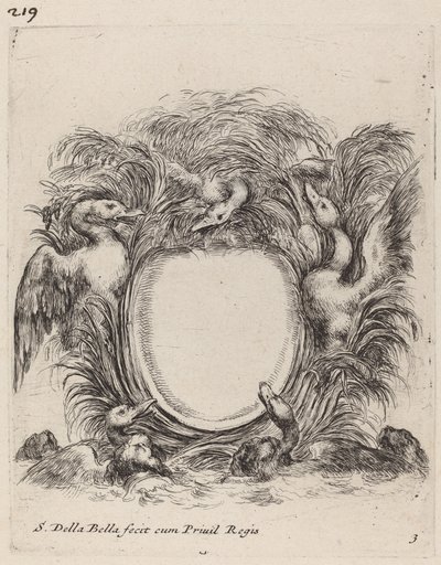 Cartouche met eenden en honden door Stefano della Bella