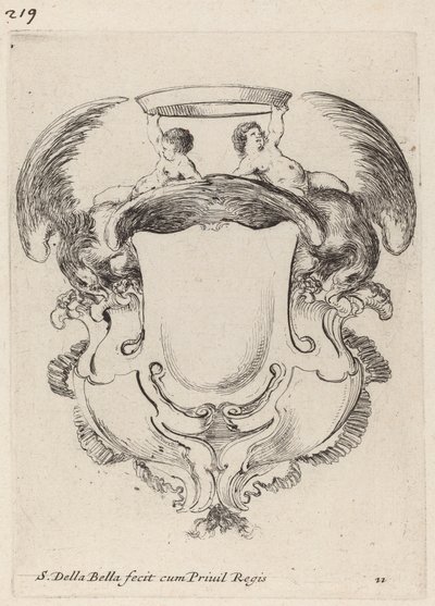 Cartouche met adelaars en twee kinderen die een kroon vasthouden door Stefano della Bella