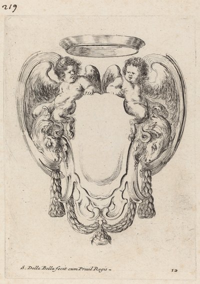 Cartouche met rammen en jonge saters, 1647 door Stefano della Bella