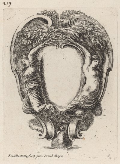 Cartouche met twee nimfen die in bomen veranderen, 1647 door Stefano della Bella