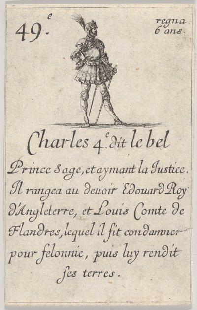 Charles 4.e- genaamd de mooie wijze prins..., uit Het Spel van de Koningen van Frankrijk Jeu des Rois..., 1644 door Stefano della Bella