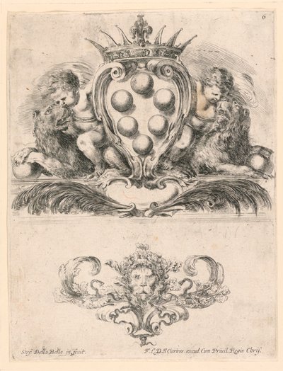 Wapen van de Groothertog van Toscane: Ornament met een Leeuwenmasker, Nr. 6 uit "Raccolta di varii cappriccii et nove inventioni di cartelle et ornamenti" door Stefano della Bella