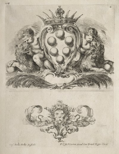 Verzameling van verschillende grillen en nieuwe ontwerpen van cartouches en ornamenten: nr. 6 door Stefano della Bella