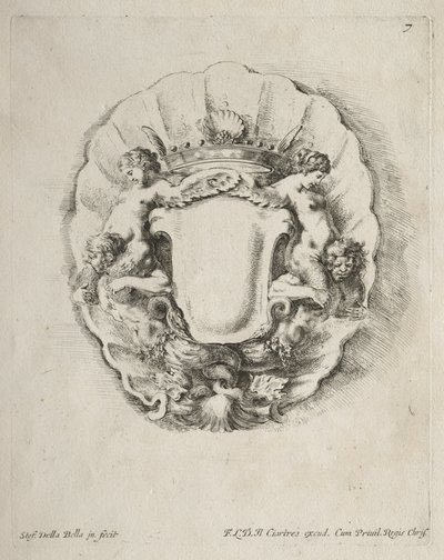 Collectie van verschillende grillen en nieuwe ontwerpen van cartouches en ornamenten: Nr. 7 door Stefano della Bella