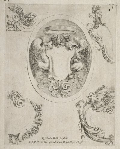 Verzameling van verschillende grillen en nieuwe ontwerpen van cartouches en ornamenten: Nr. 8 door Stefano della Bella