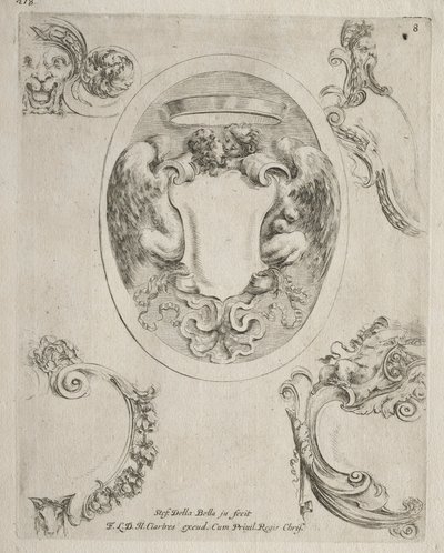 Collectie van verschillende caprices en nieuwe ontwerpen van cartouches en ornamenten: nr. 8 door Stefano della Bella