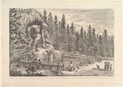 Kolossaal standbeeld van de Appenino door Giambologna links, afgebeeld als een reus hurkend... door Stefano della Bella