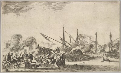 Gevecht tussen verschillende roeiboten en schepen, twee groepen mannen in roeiboten vechten naar links..., 1639 door Stefano della Bella