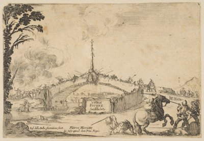 Gevecht op een brug, een ruiter en twee voetsoldaten vechten met zwaarden rechtsonder, ca. 1645 door Stefano della Bella