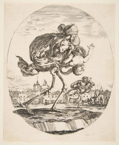 De Dood Draagt een Baby, uit De vijf doden Les cinq Morts, ca. 1648 door Stefano della Bella