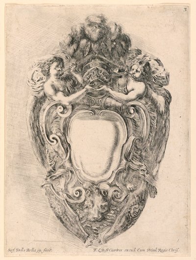 Wapenschild, nr. 3 uit "Raccolta di varii cappriccii et nove inventioni di cartelle et ornamenti" door Stefano della Bella
