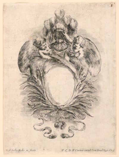 Wapenschild, nr. 5 uit "Raccolta di varii cappriccii et nove inventioni di cartelle et ornamenti" door Stefano della Bella